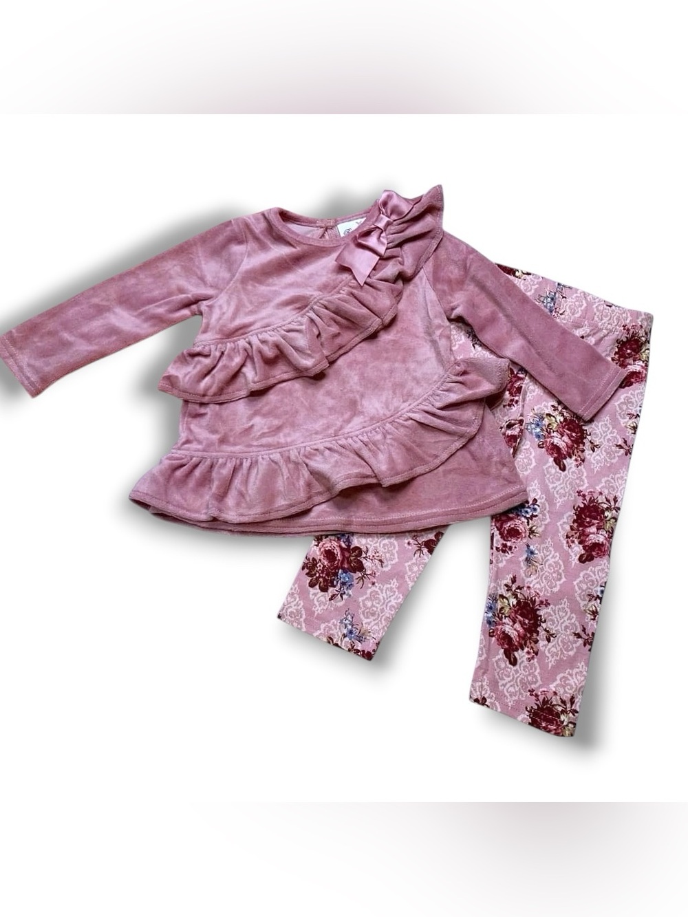 Rare Editions Girls Size 7 Pink Velvet Ruffle Top & Floral Leggings 2PC Set NWT